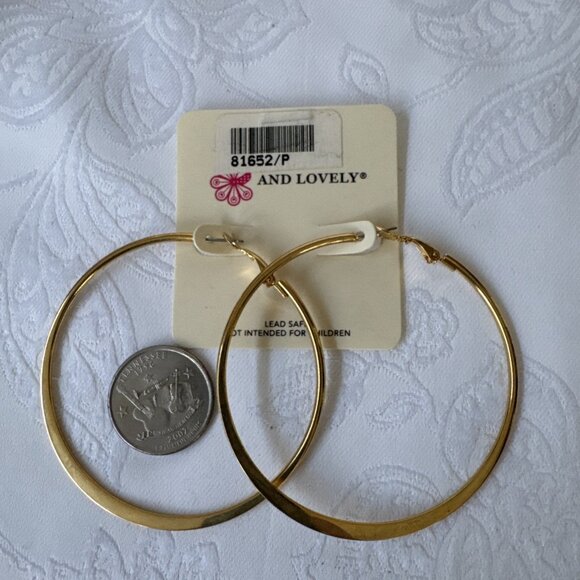 Lovely Big 2.5" Gold Thin Flat Hoop Earrings NEW - Picture 3 of 7